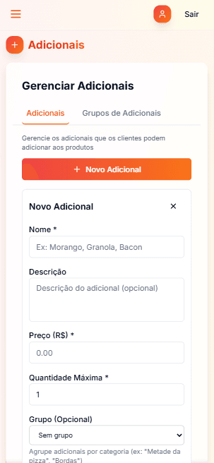 Tela de gerenciamento de adicionais