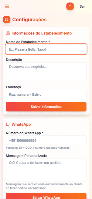 Tela de configurações do estabelecimento
